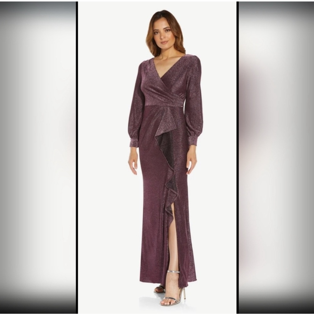 Adrianna Papell Purple Wrap Gown with Bishop Sleeves